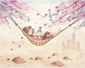 Dream Big: Nursery Art Print - Children's Art - Home Decor - hammock - cherry tree - flowers - 8 X 10