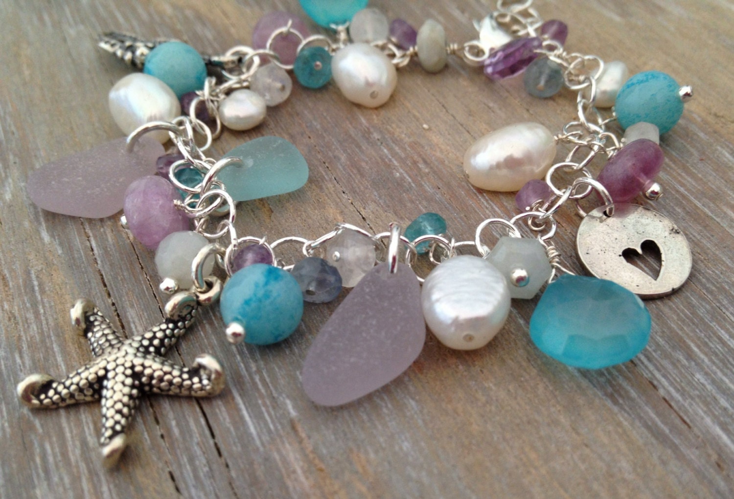 Sea Glass Charm Bracelet with Seahorse, Sand Dollar, and Heart Charm Sterling Silver Lavender Sea Glass