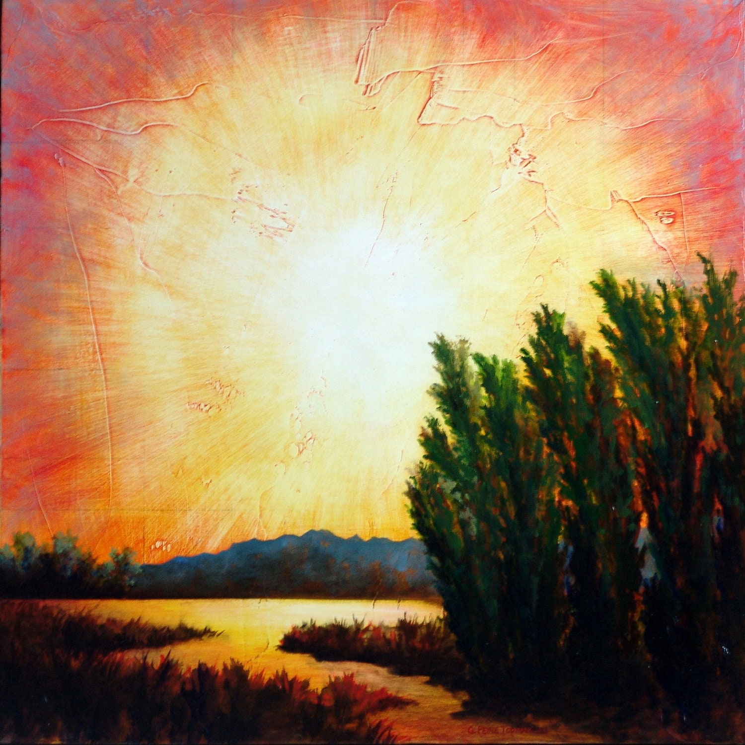 Sunburst landscape river lake mountains poplar trees PRINT of original oil painting titled Rays of Truth 8.5 x 11 paper 8 x 8 in. image size