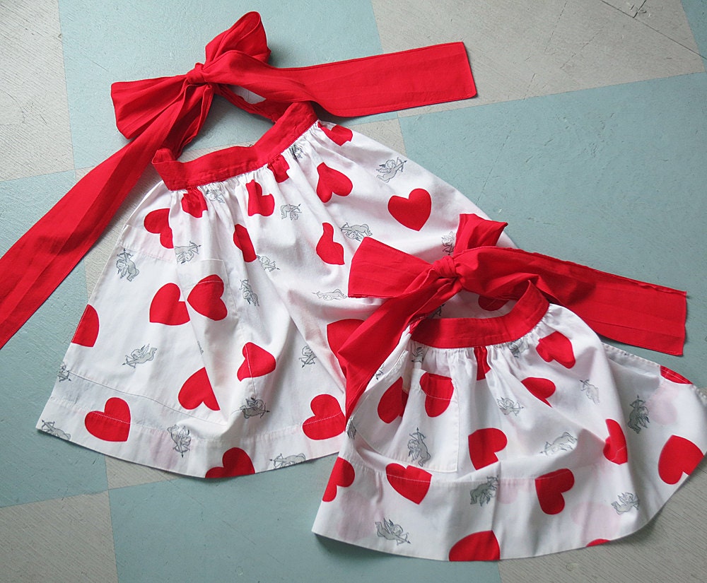 Mother Daughter Set of Vintage Valentine Aprons, White with Red Hearts and Gray Cupids