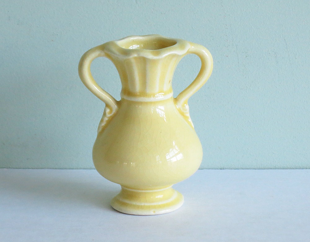 Vintage Miniature Pottery Vase with Two Handles and a Yellow Glaze
