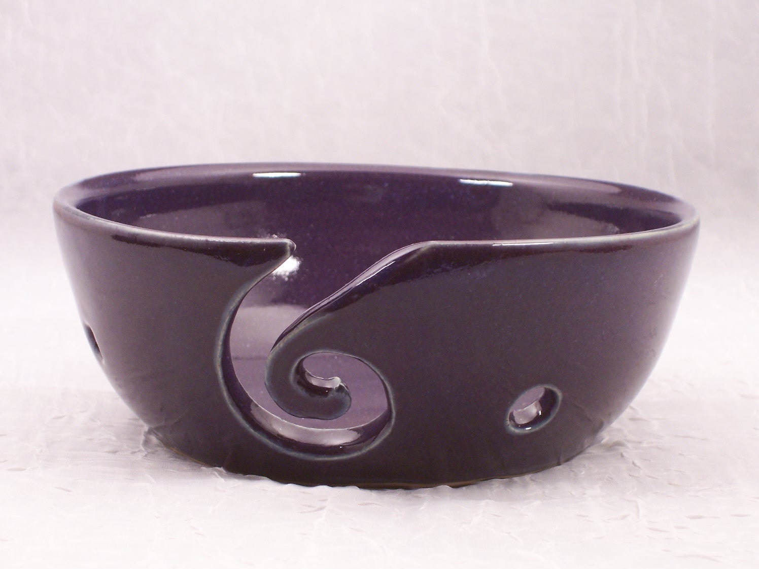 Ceramic Yarn Bowl Holder Purple with Spiral Stoneware Wheel Thrown Hand Carved Ceramics Pottery