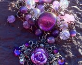 17&1/2' Antique Brass Filigree Necklace with Dichroic glass czech beads and Swarovski rhinestones