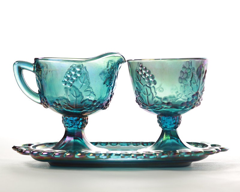 Vintage Blue Carnival Glass Cream and Sugar Set with Serving Tray-Grape Harvest