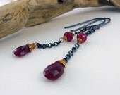Sterling silver, goldfill and ruby  long  drop earrings - Light Catchers -