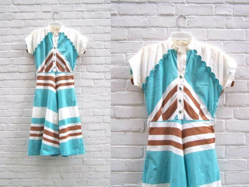 1940s Cotton Sky Blue White and Brown Stripe Geometric Dress