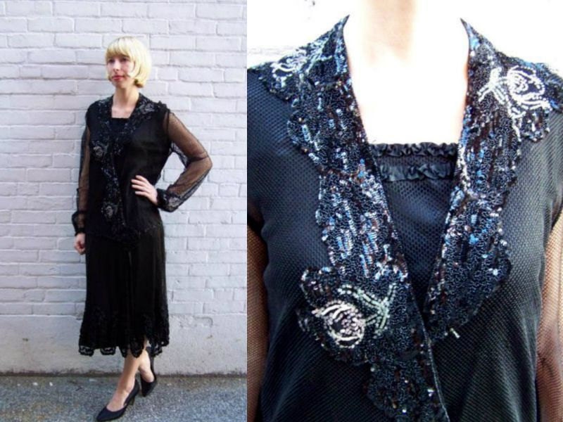 Gorgeous 1920s Black Net Drop Waist Great Gatsby Dress with Sequins and Beads sm med large