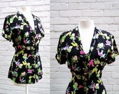 RARE 1940s Novelty Bird Print Blouse Black Silk Colorful Top