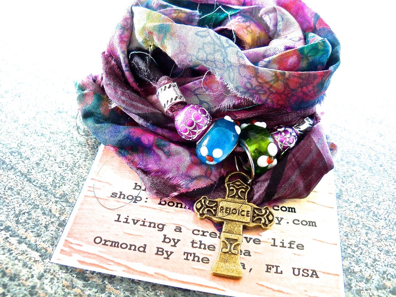 He Has Risen 001 - Beachy Boho Bracelet, Beach, Purple, Springtime, Silk Wrap