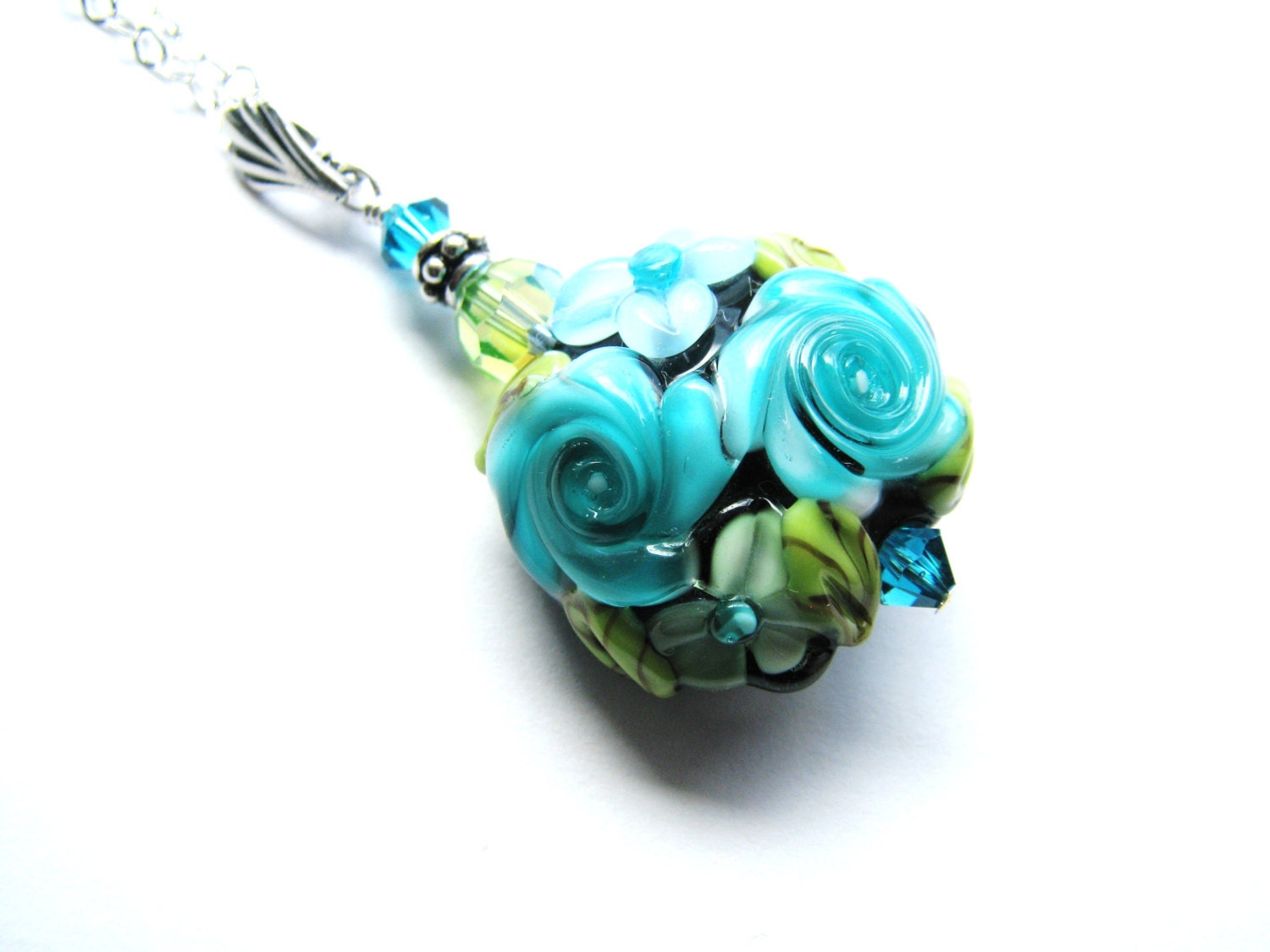 Mother's Day Pendant Necklace, Teal, Blue, Green - SRA Artisan Sculptured Lampwork Glass Flower, Swarovski Crystals, Sterling Silver Chain