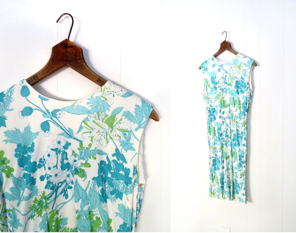 1960s Floral Dress / Cyan Blue Flora / Vintage 60s Dress / Medium M