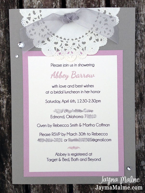 Rhinestones & Lace Bridal or Baby Shower Invitations - Custom