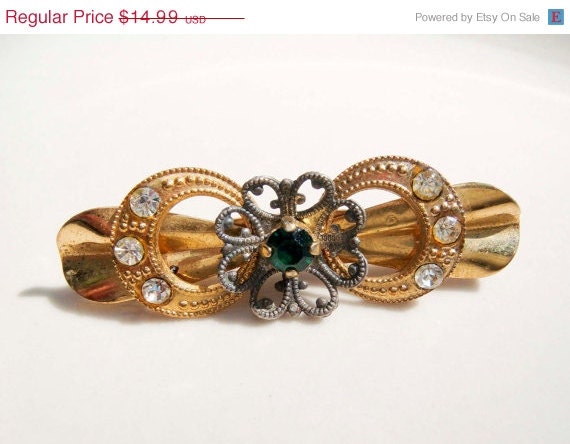 Summer Sale Vintage Victorian Gold Emerald Rhinestone Brooch Pin