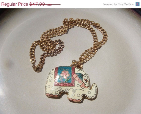 Summer Sale Vintage 12K gold ELKA necklace Elephant Cloisonne Enamel Figural pendant