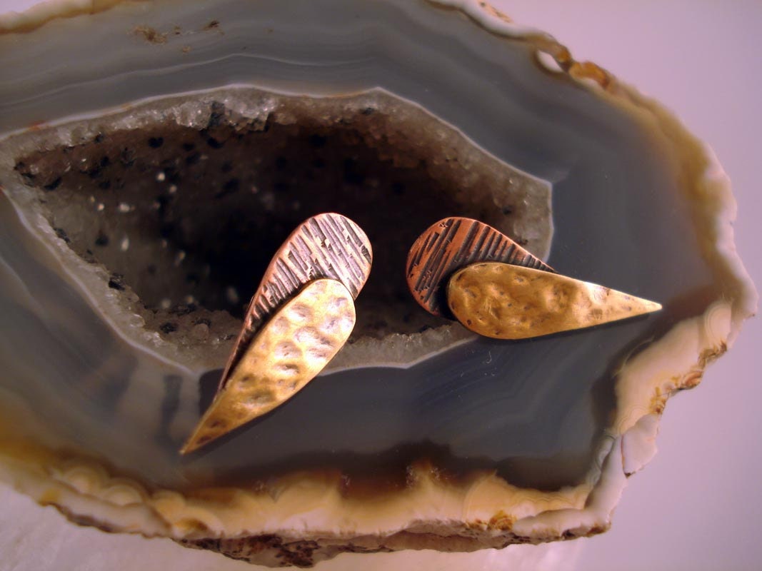 Textured leaf brass and copper post earrings