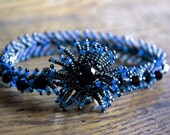 Blue on Black with Beaded Flower Crystal Clasp Bracelet
