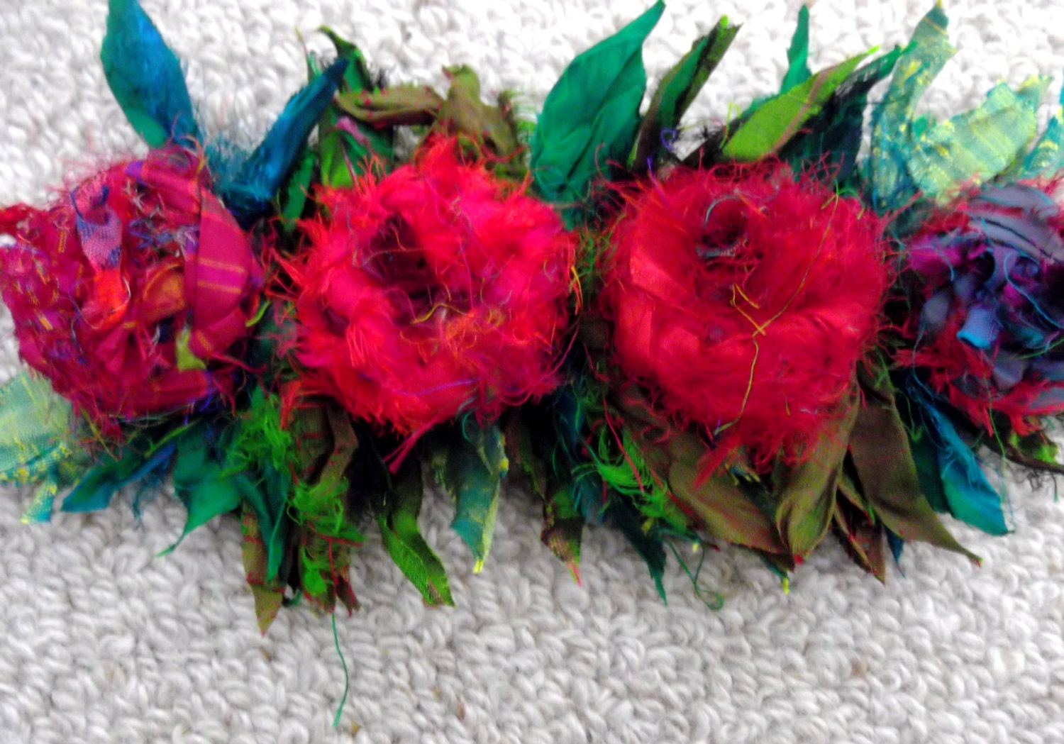 red recycled silk  bohemian  rose cuff  bracelet