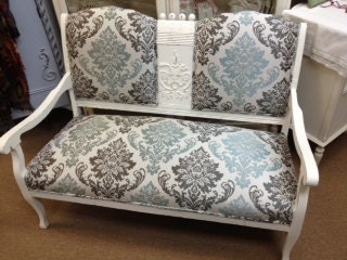 Aqua and Brown Damask Settee