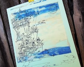 original beach print: black line art over blue and yellow on mint "Cliffhanger" (8x10)