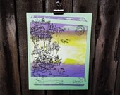 beach houses, palm trees on cliffs screen print - purple and yellow on mint green "Cliffhanger" (8x10")