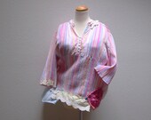 county fair. womens 1X babydoll tunic top altered upcycled plus size clothing boho shabby eco chic pastel stripe cotton summer blouse
