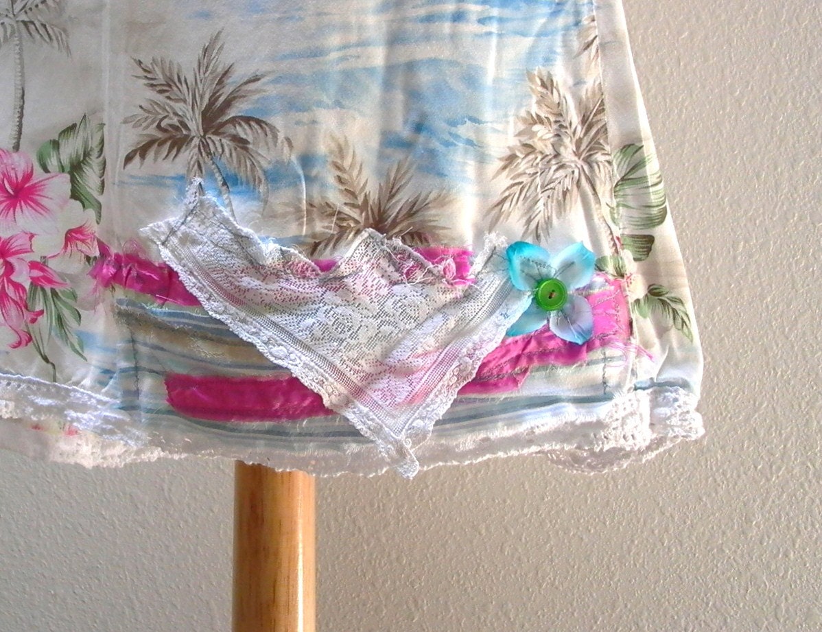leilani. tropical print skirt sz small . embellished upcycled clothing hawaiian floral surfer girl boho summer eco fashion beach coverup