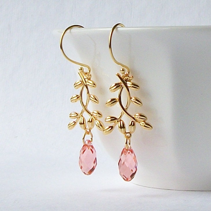 Rose Peach Crystal Branch Dangle Earrings, Peach Earrings