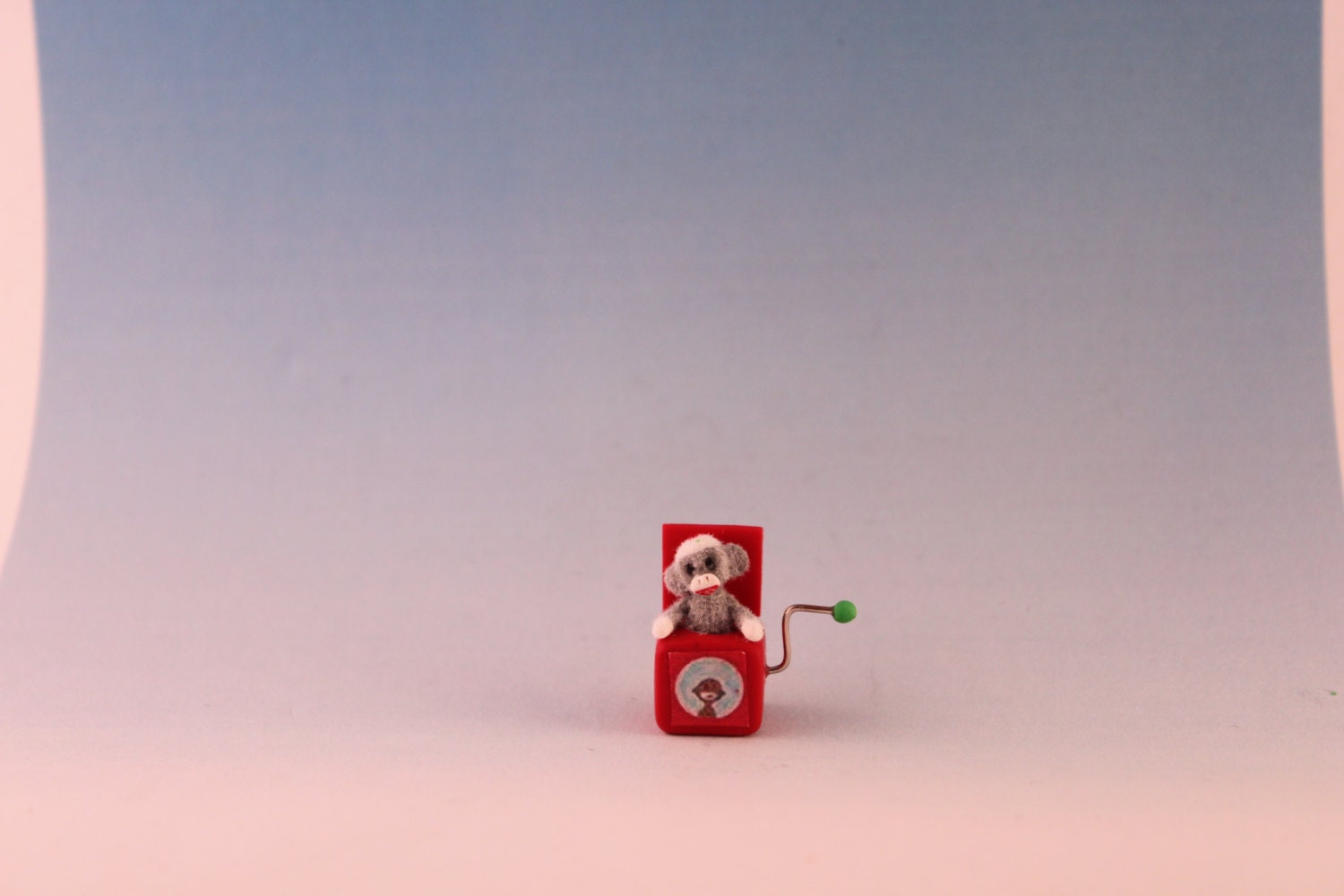 Sock Monkey Jack-in-the-box  Miniature Doll House Baby Nursery Toy Handmade 1/12 Ooak Clay Artist Cheryl Brown