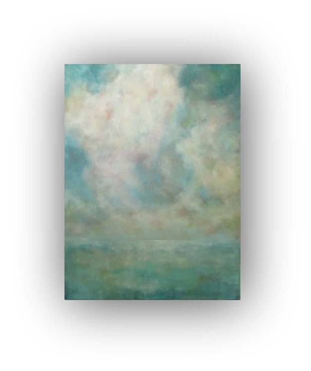 Stormy Monday- Oil Painting on Canvas large 36x48 abstract landscape turquoise blue white ocean storm clouds sky palette knife painting