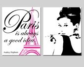 Set of Two 11x14 Prints - Audrey In Paris Collection - Audrey Hepburn Silhouette, Paris Is Always A Good Idea Quote - Choose Your Colors