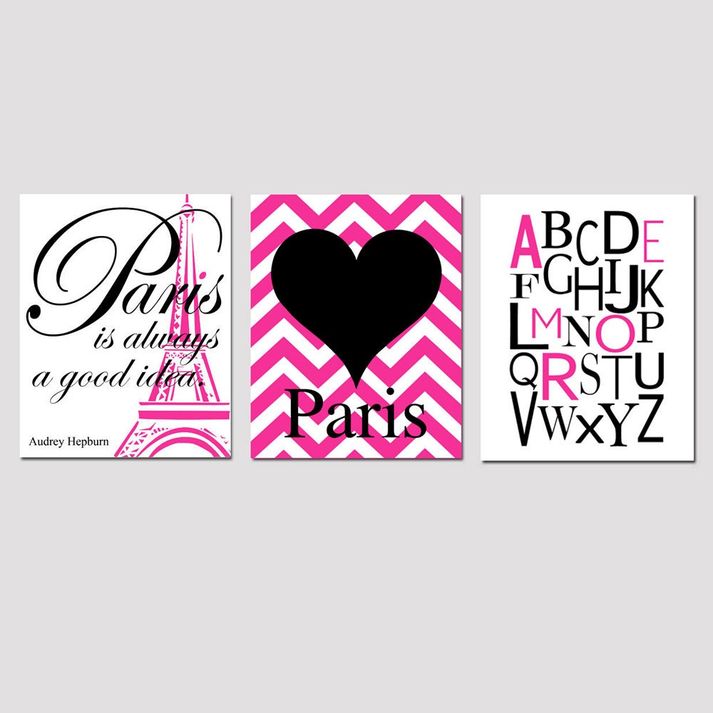 Girl Wall Art Trio - Set of Three 8x10 Prints - Paris Audrey Eiffel Tower, Chevron Paris Heart, Amore Alphabet - Choose Your Colors