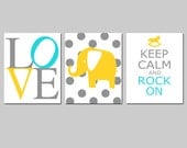 Modern Nursery Trio - Set of Three 8x10 Prints - Polka Dot Elephant, LOVE Typography, Keep Calm and Rock On - Choose Your Colors