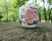 Cozy Mug Crochet Coffee Sleeves Mug Hugs Cup Cozy Decor and Housewares - Gray with Pink flower