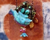 Blue bird wire wrapped torch fired glass enamel necklace - speckled eggs bird nest