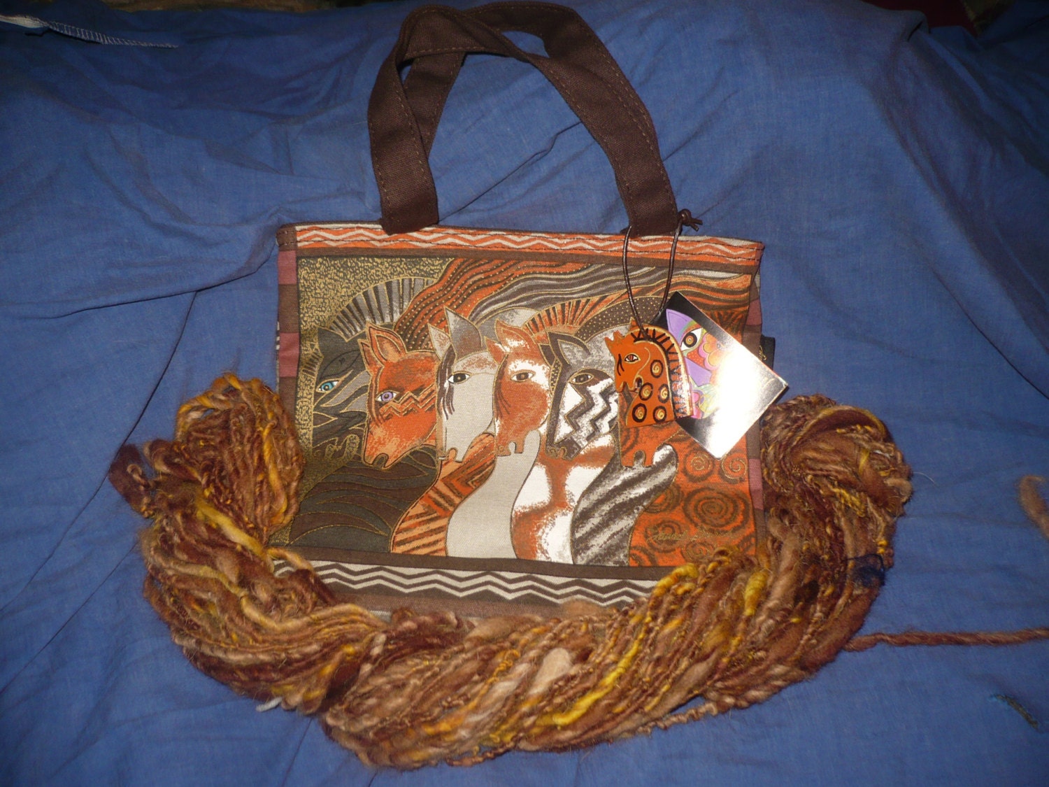 Knitting Gift Laurel Burch Bag-Matching -Mug -Stitch markers -My hat pattern with 1 skeins of Noro inspired Handspun yarn