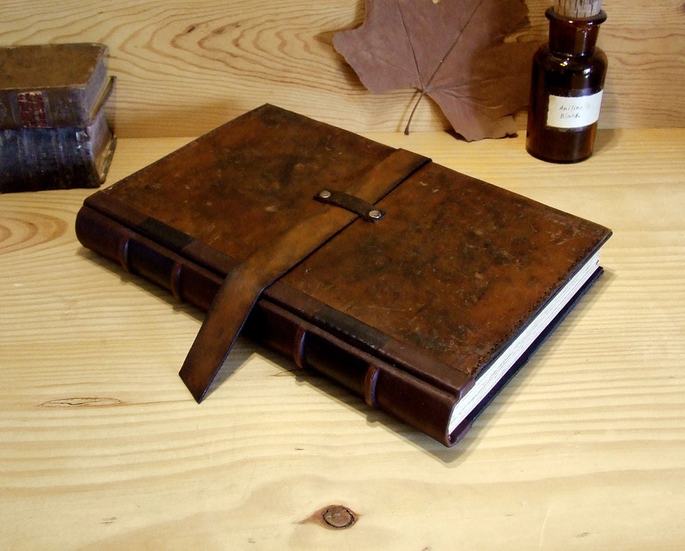 Large Journal / Blank Book, Sketchbook, Guestbook, Brown Vintage Leather, Words of Autumn