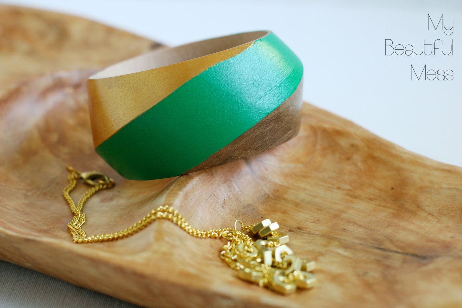 Emerald Green, Gold and Stained Wood Hand Painted Twisted Wooden Bangle