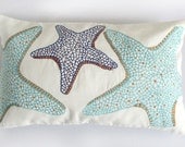 starfish pillow in aqua blue,cobalt and orange  12X20 inch coastal , nautical sea themed pillow