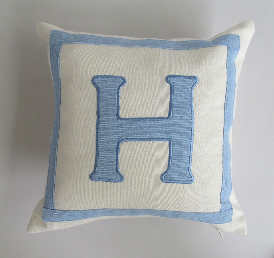 monogram pillow custom made -14 inches - white and blue