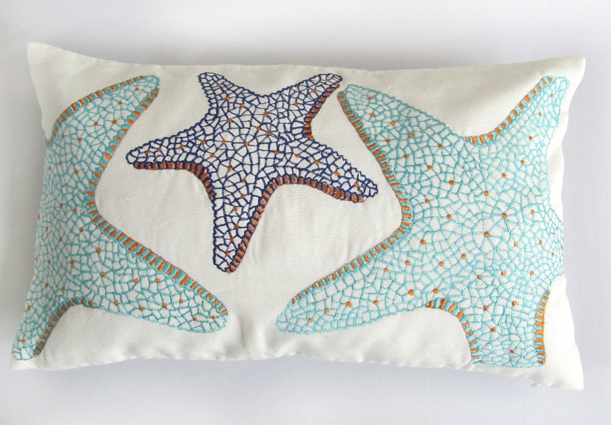 starfish pillow in aqua blue,cobalt and orange  12X20 inch coastal , nautical sea themed pillow