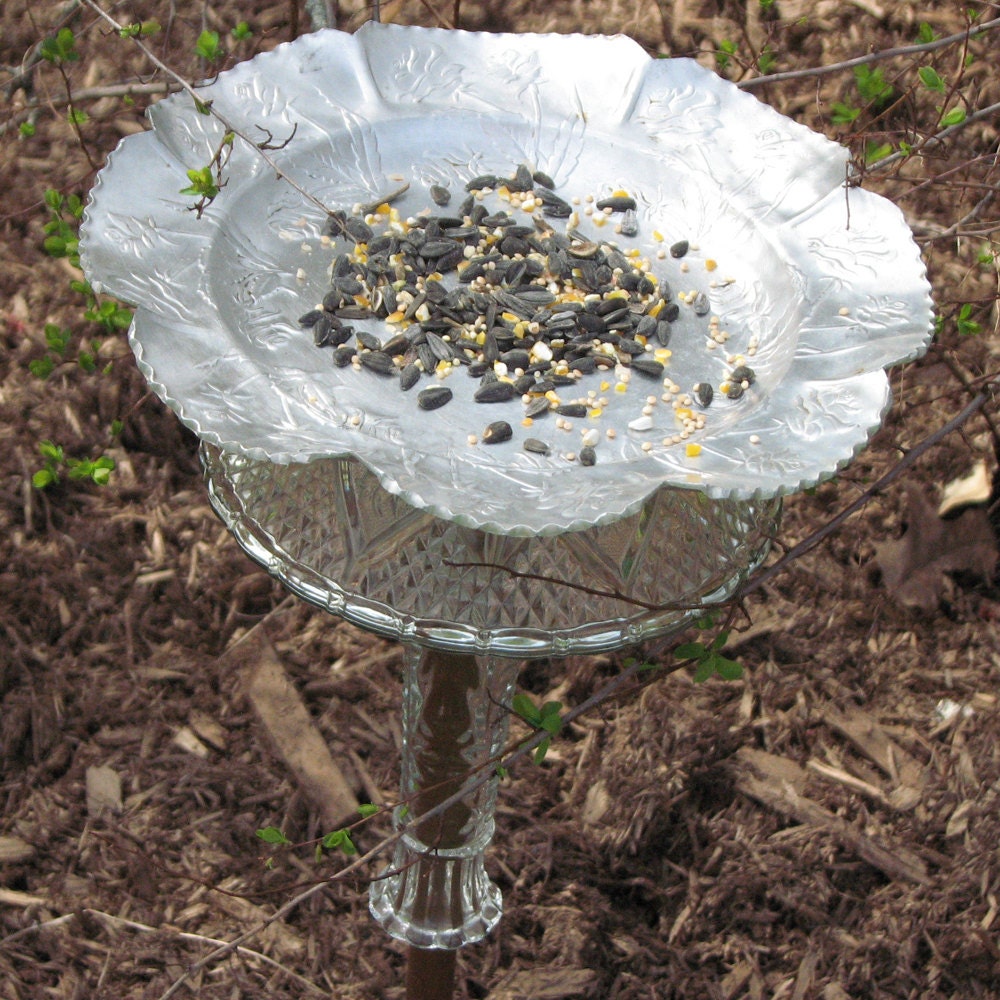 Upcycled Glass Garden Totem - Birdfeeder/bath