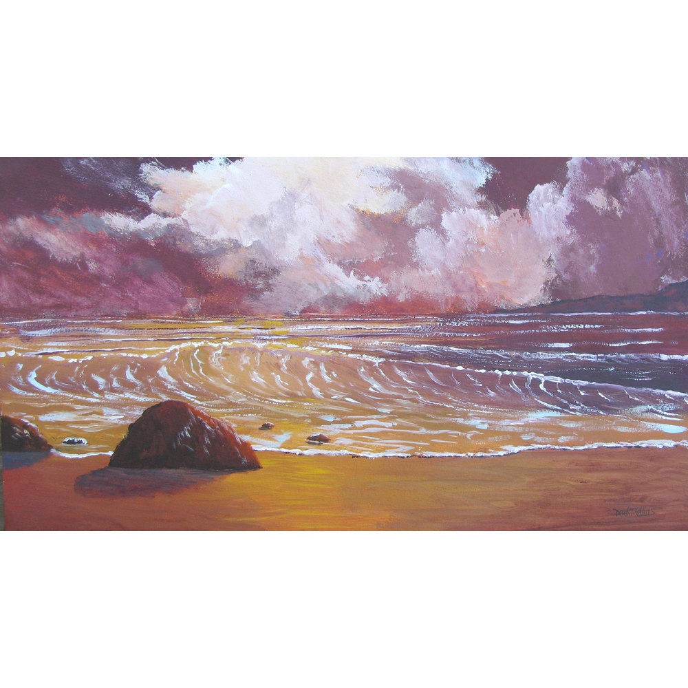 Seascape painting Original acrylic Abstract landscape Impressionist ocean beach surf waves modern contemporary ba On paper 13 x22