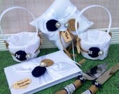 YOU DESIGN / 2 flower girl baskets , ring bearer pillow , guest book , cake knife set / burlap and navy 
