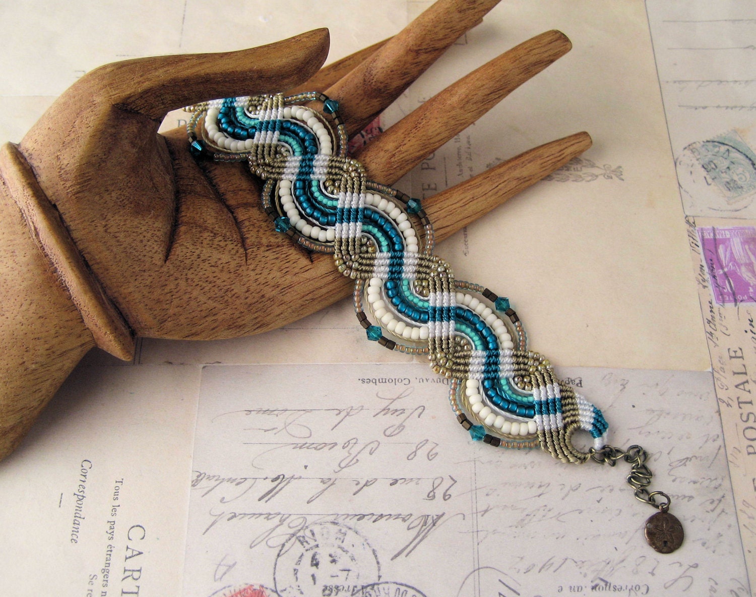Teal and Khaki Beaded Macrame Bracelet Deep Waves MicroMacrame