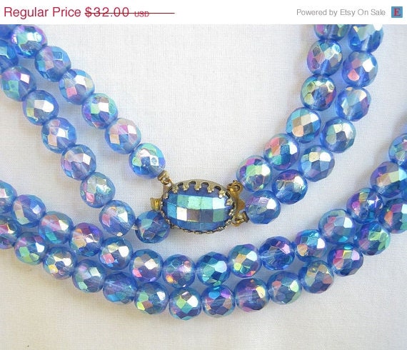 ON SALE Vintage 2 Strand Necklace - Blue Vitrail Crystal Aurora Borealis