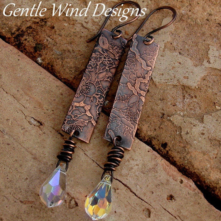 CHERRIE BLOSSOM BLOOM- Handmade Etched Copper Plates, Faceted Swarovski Crystals