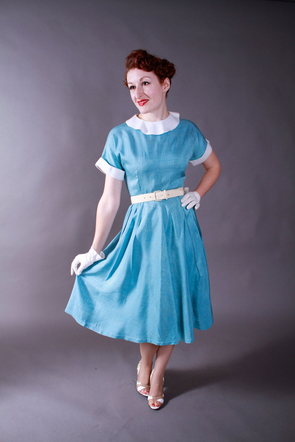 Vintage 1950s Dress - Blue and White Rayon Blend Day Dress