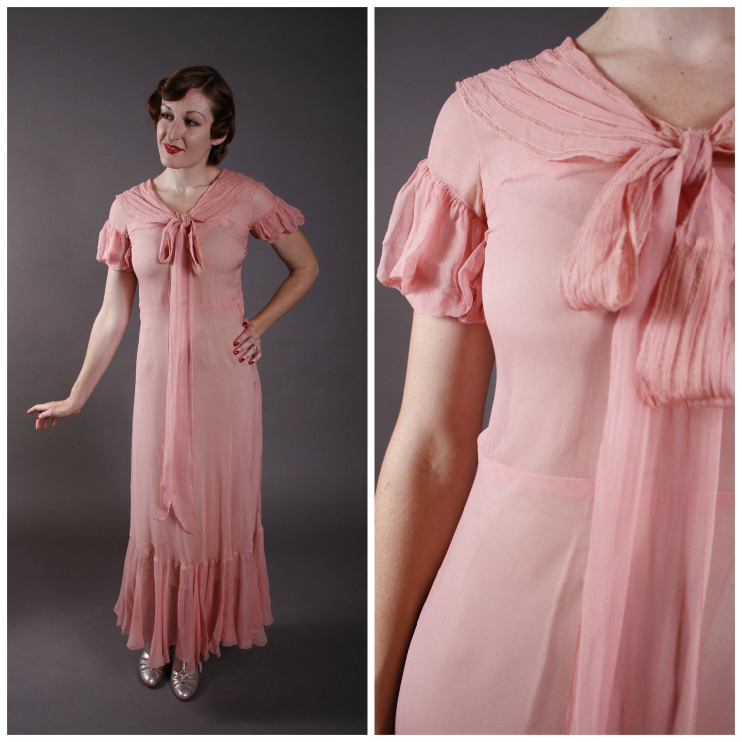 Vintage 1930s Dress - Pink Silk Chiffon Summer Dress with Puffed Sleeves and Bow