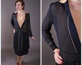 RESERVED Vintage 1920s Dress - Peach Silk and Navy Blue Chiffon Flapper Day Dress
