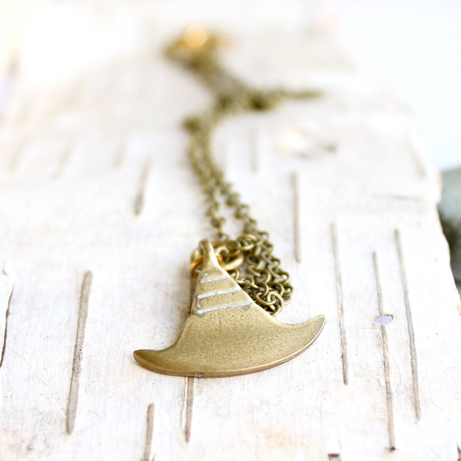 White Lined Brass Pendulum - Patina Necklace - Tribal Ethnic Axe Medieval Jewellery